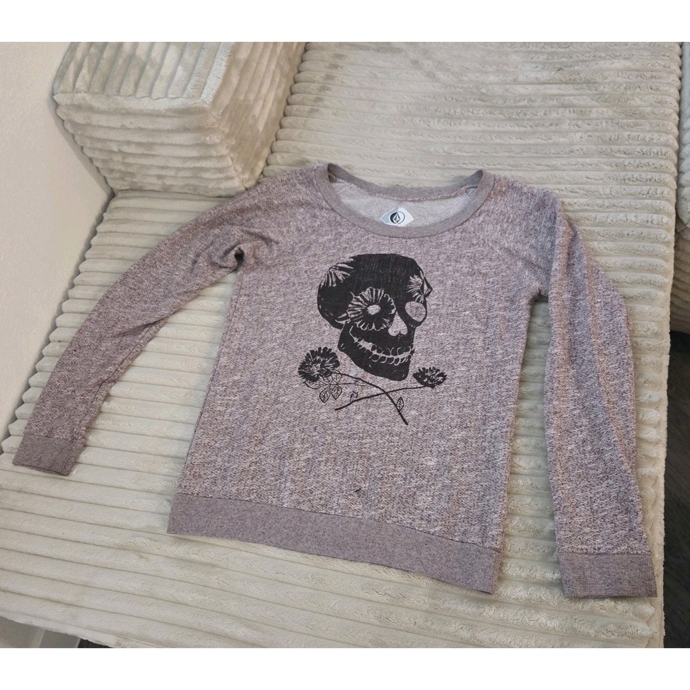 Volcom Skullyhead Heathered Purple Skull Floral Crewneck Sweatshirt Size Medium